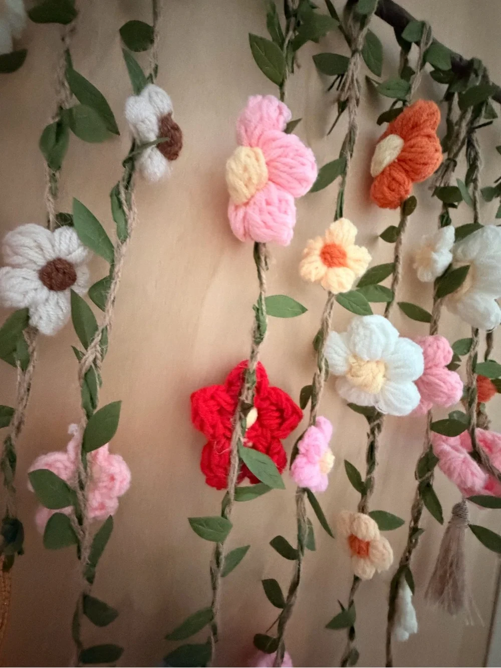 Boho style floral wall hanging with beautiful knit flowers with twine (set of 3)